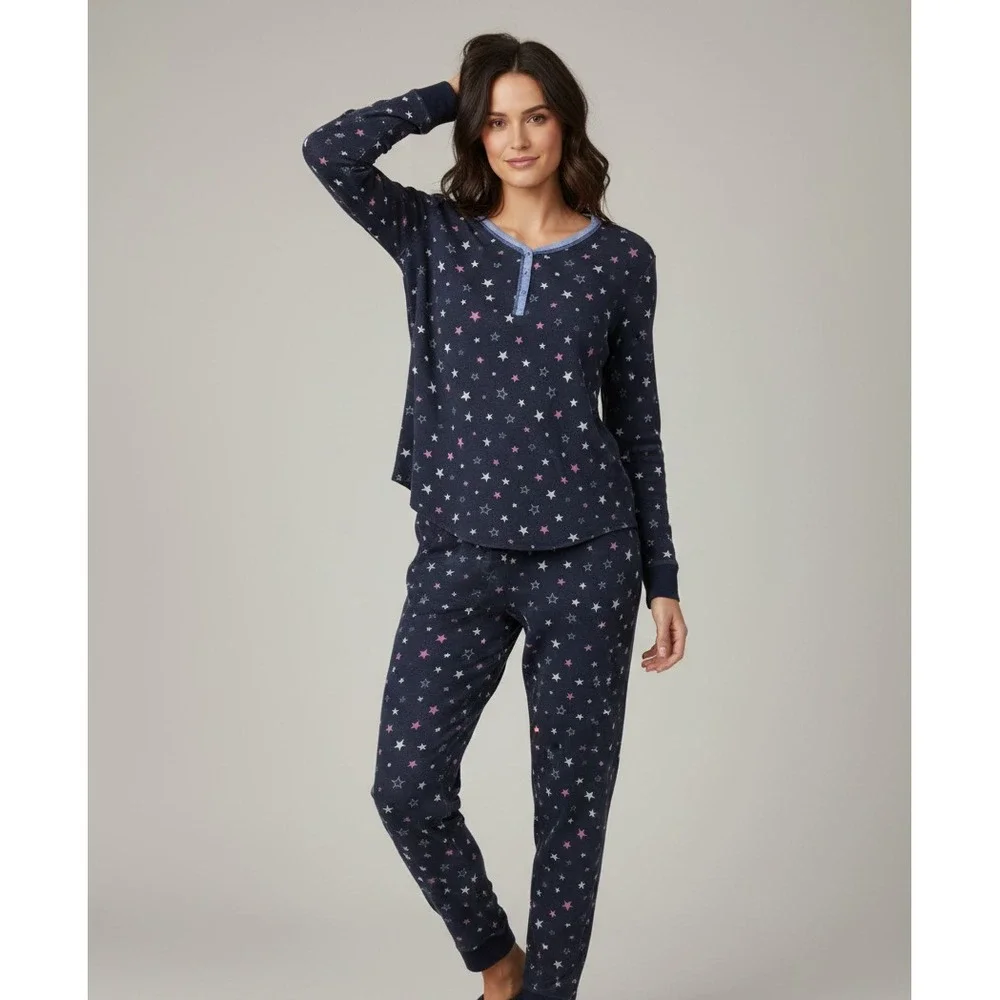 AQUA Women's Medium Navy Blue Star Pattern‎ Sleep-Wear Thermal Pajama Set